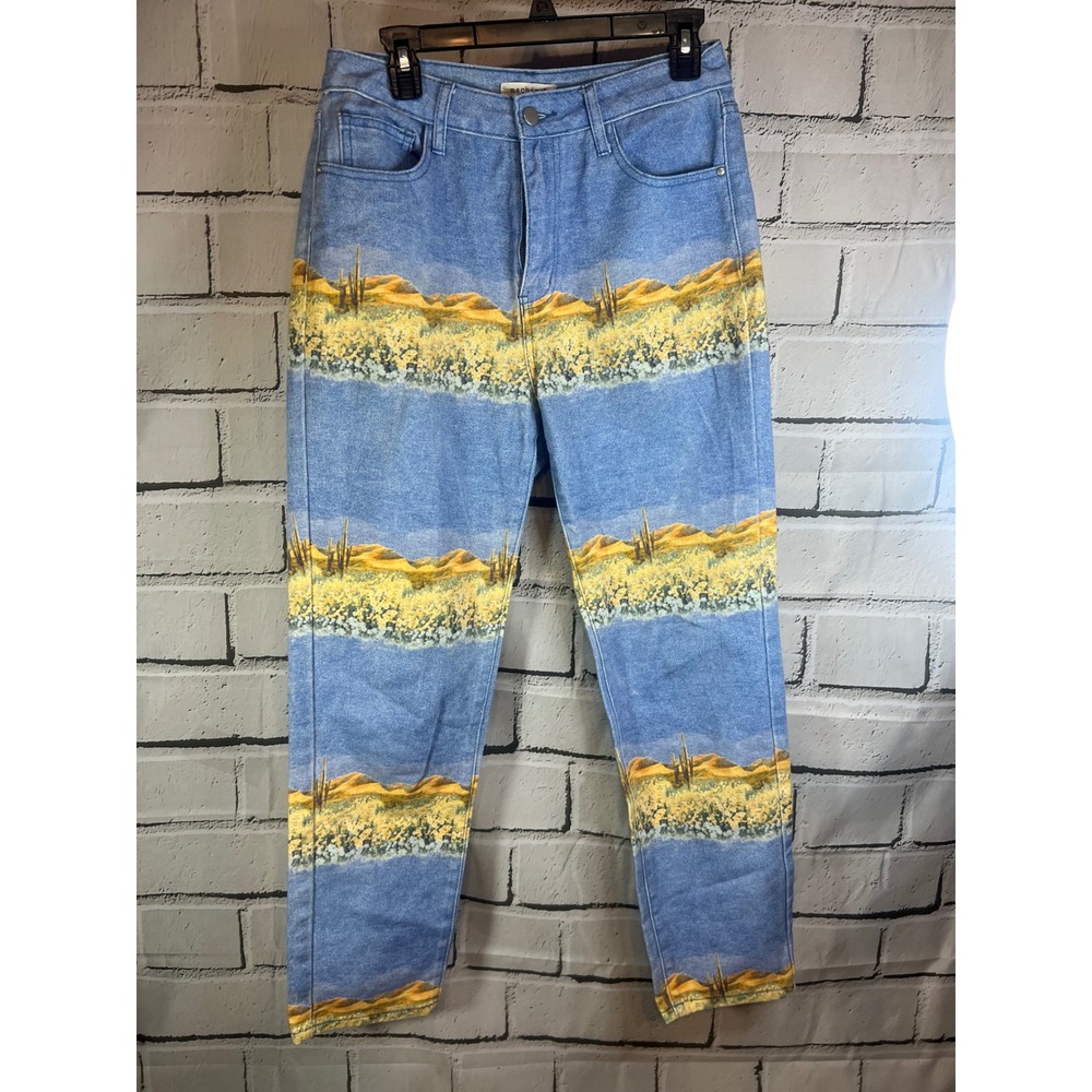 Machine Jeans Desert Landscape Print Straight Leg Denim Blue Yellow Size 30